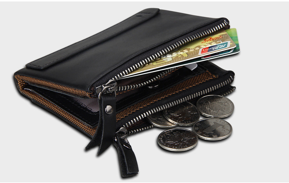 A296  Crazy Horse Leather Men's Wallet RFID-Protected Short-Style Men's Billfold with Dual Zippers and Coin Pocket