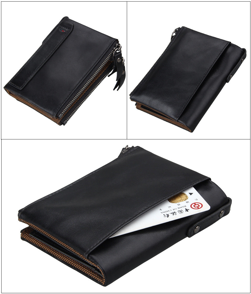 A296  Crazy Horse Leather Men's Wallet RFID-Protected Short-Style Men's Billfold with Dual Zippers and Coin Pocket