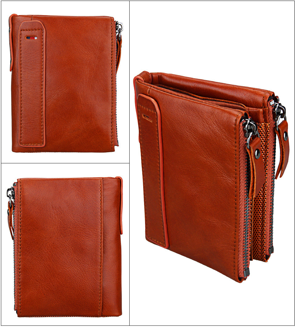 A296  Crazy Horse Leather Men's Wallet RFID-Protected Short-Style Men's Billfold with Dual Zippers and Coin Pocket