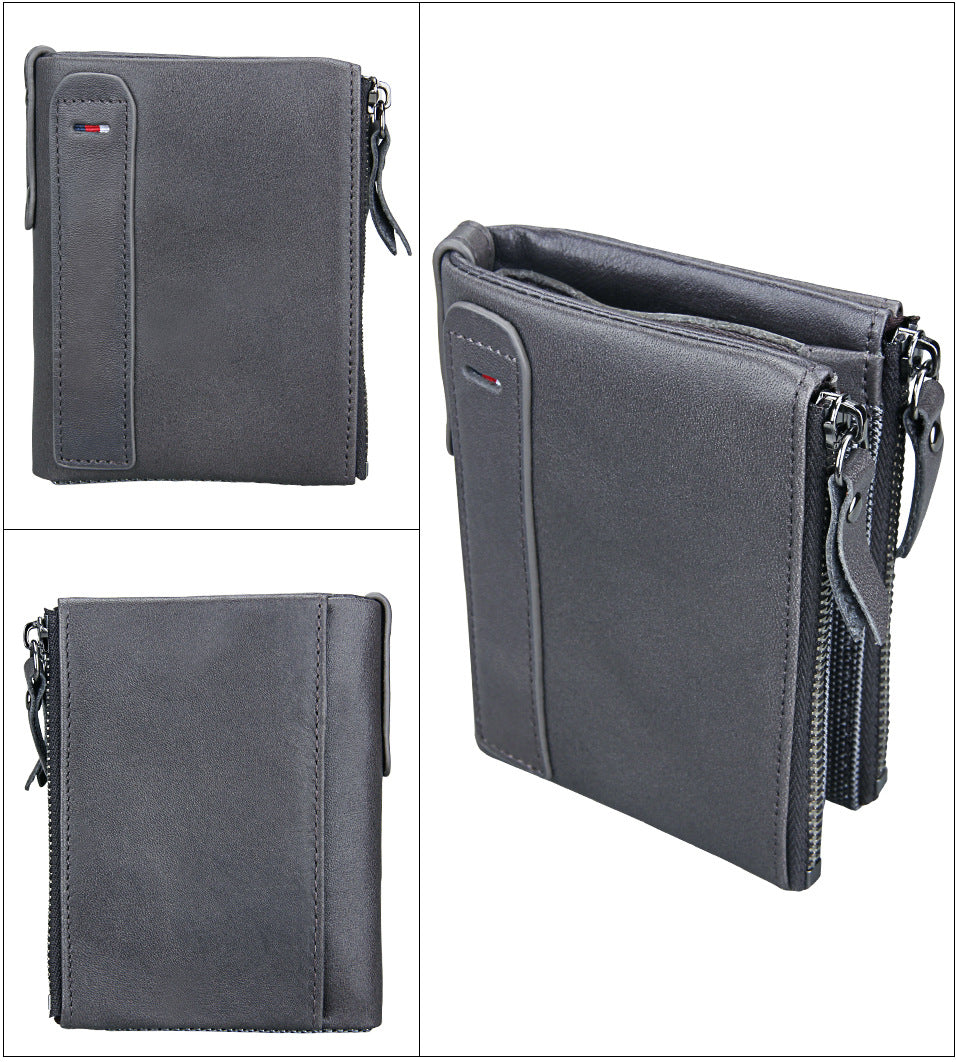 A296  Crazy Horse Leather Men's Wallet RFID-Protected Short-Style Men's Billfold with Dual Zippers and Coin Pocket