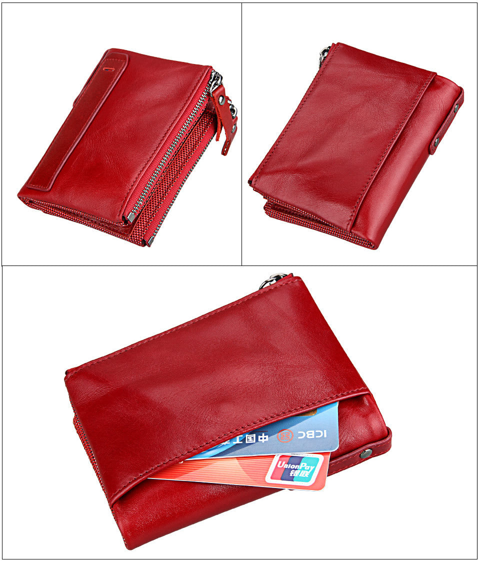 A296  Crazy Horse Leather Men's Wallet RFID-Protected Short-Style Men's Billfold with Dual Zippers and Coin Pocket