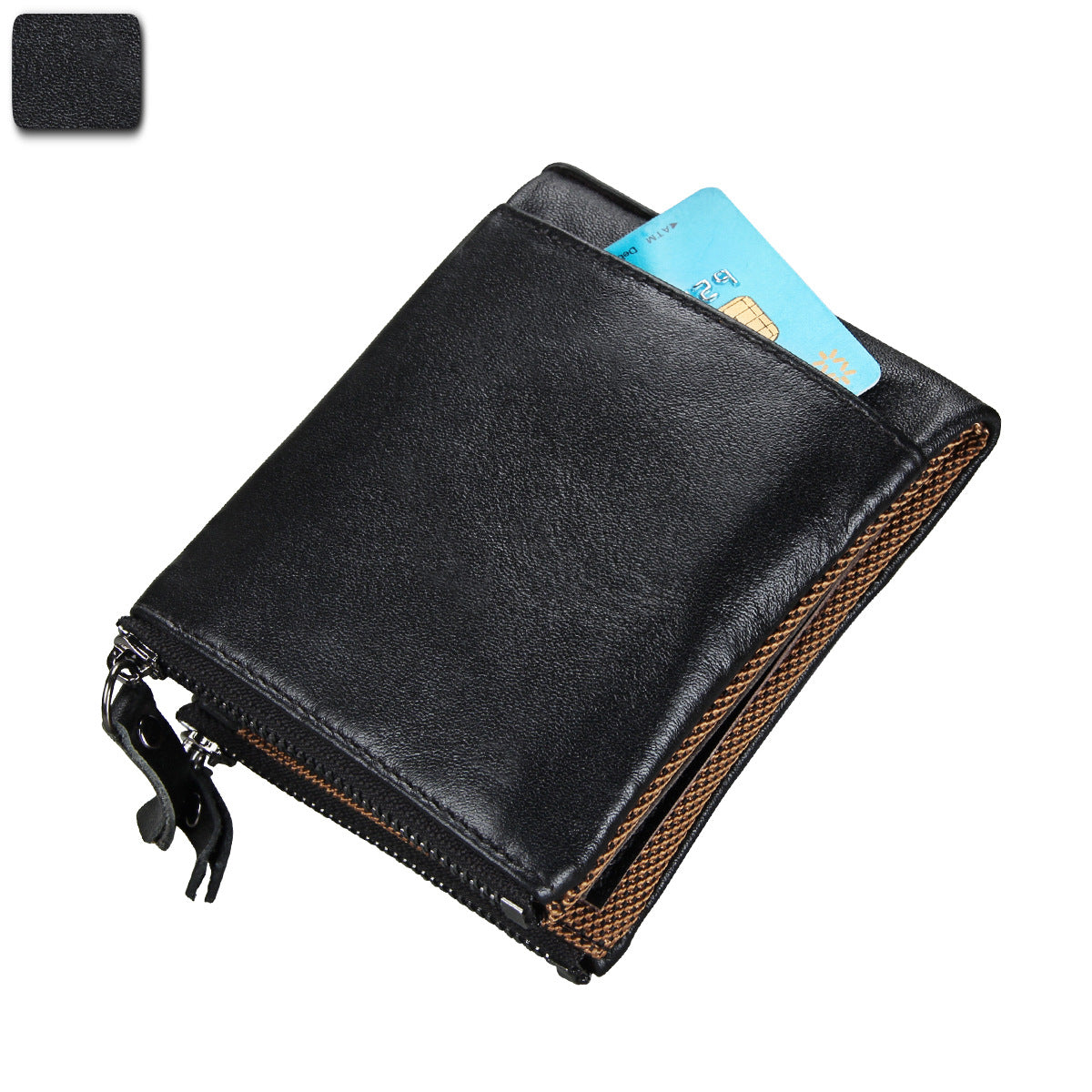 A296  Crazy Horse Leather Men's Wallet RFID-Protected Short-Style Men's Billfold with Dual Zippers and Coin Pocket