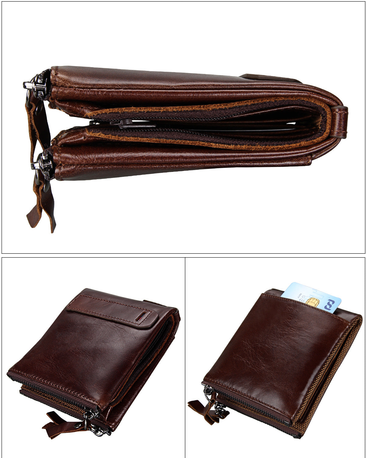 A296  Crazy Horse Leather Men's Wallet RFID-Protected Short-Style Men's Billfold with Dual Zippers and Coin Pocket