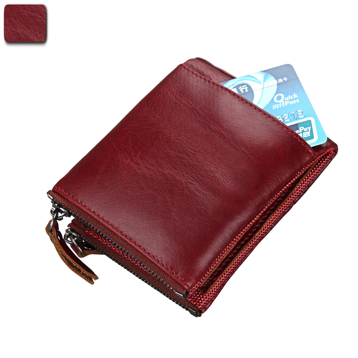 A296  Crazy Horse Leather Men's Wallet RFID-Protected Short-Style Men's Billfold with Dual Zippers and Coin Pocket
