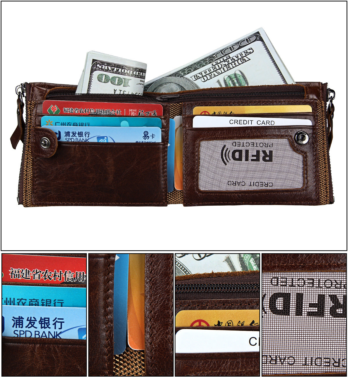 A296  Crazy Horse Leather Men's Wallet RFID-Protected Short-Style Men's Billfold with Dual Zippers and Coin Pocket