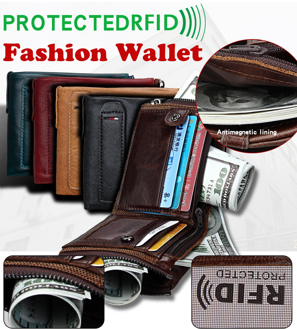 A296  Crazy Horse Leather Men's Wallet RFID-Protected Short-Style Men's Billfold with Dual Zippers and Coin Pocket