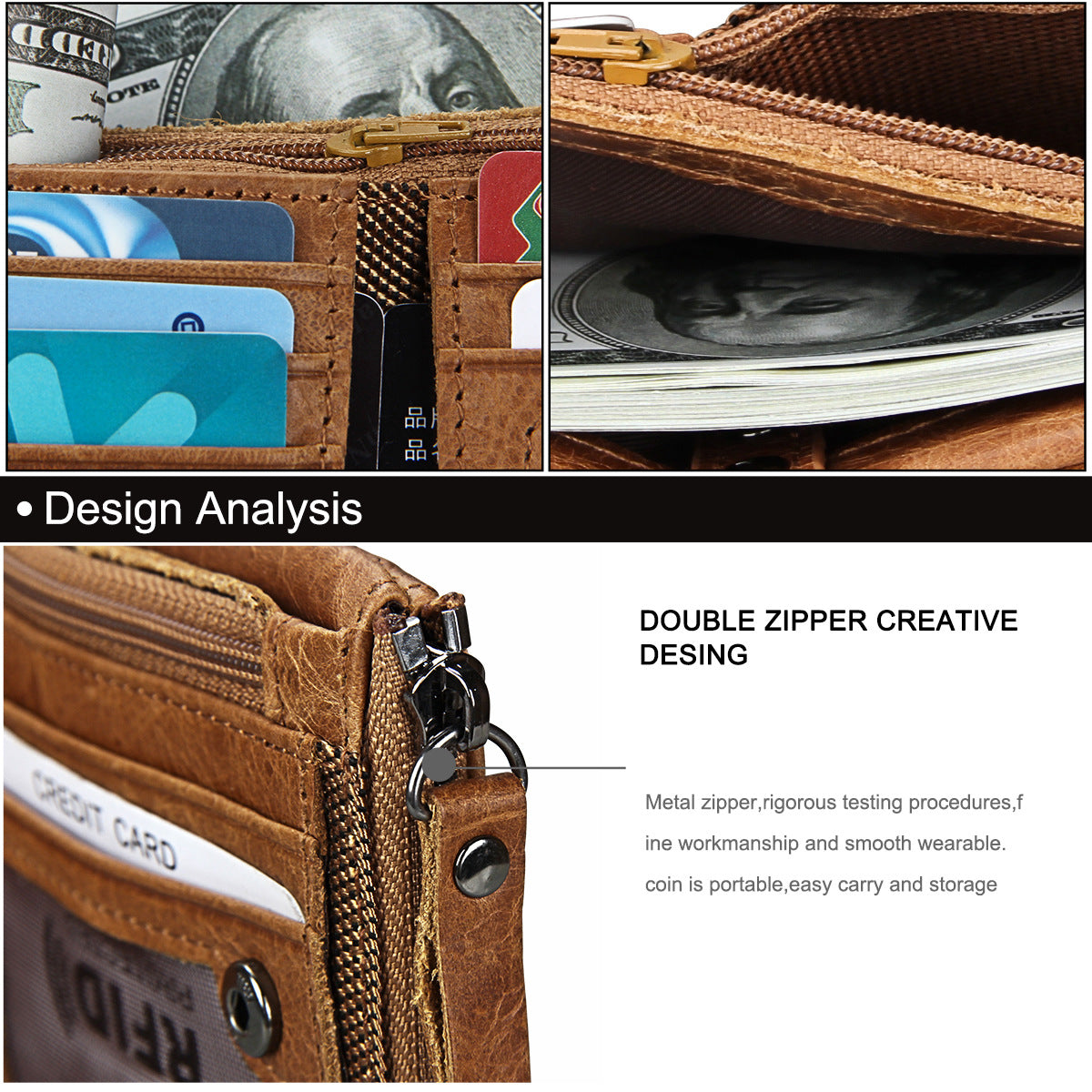 A296  Crazy Horse Leather Men's Wallet RFID-Protected Short-Style Men's Billfold with Dual Zippers and Coin Pocket