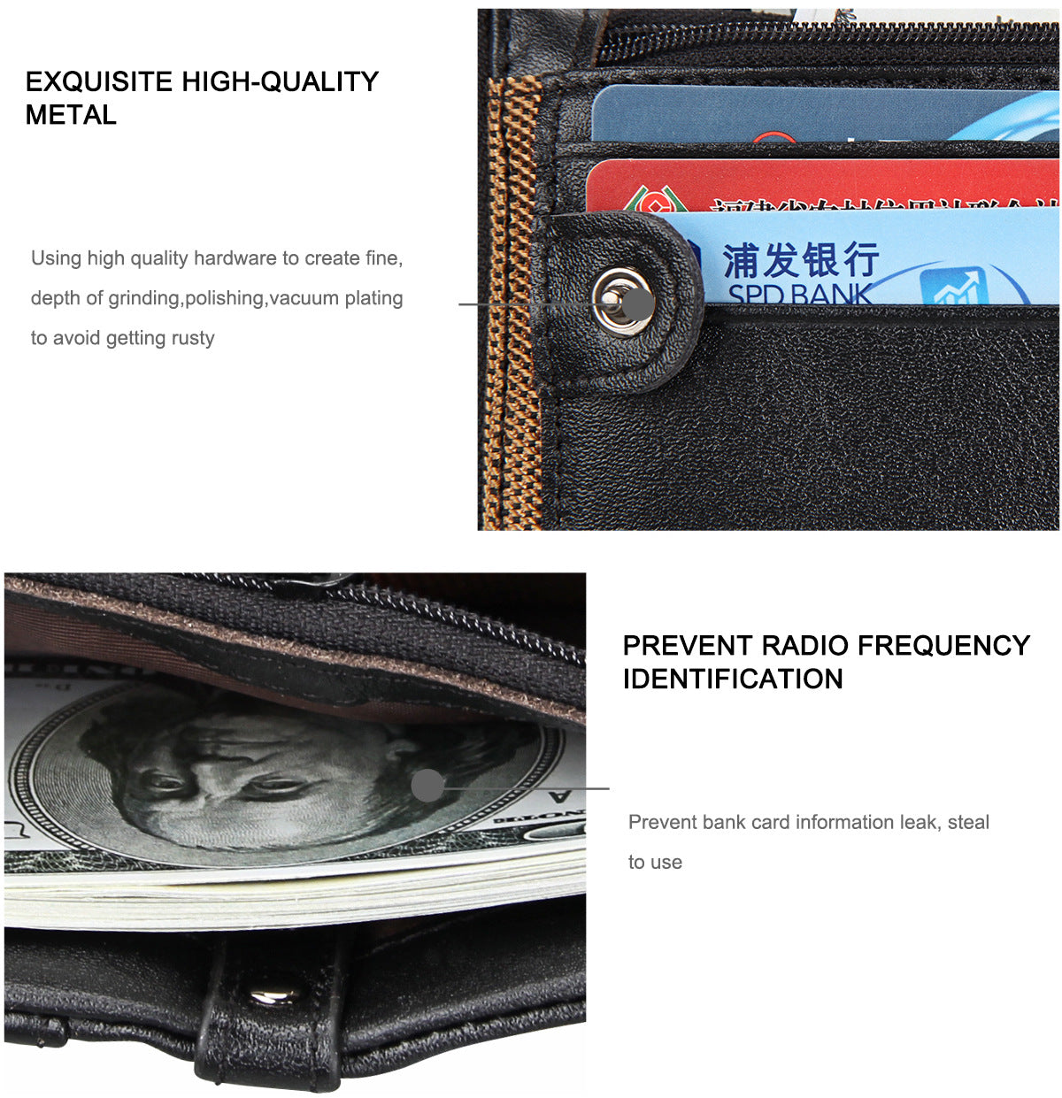 A296  Crazy Horse Leather Men's Wallet RFID-Protected Short-Style Men's Billfold with Dual Zippers and Coin Pocket