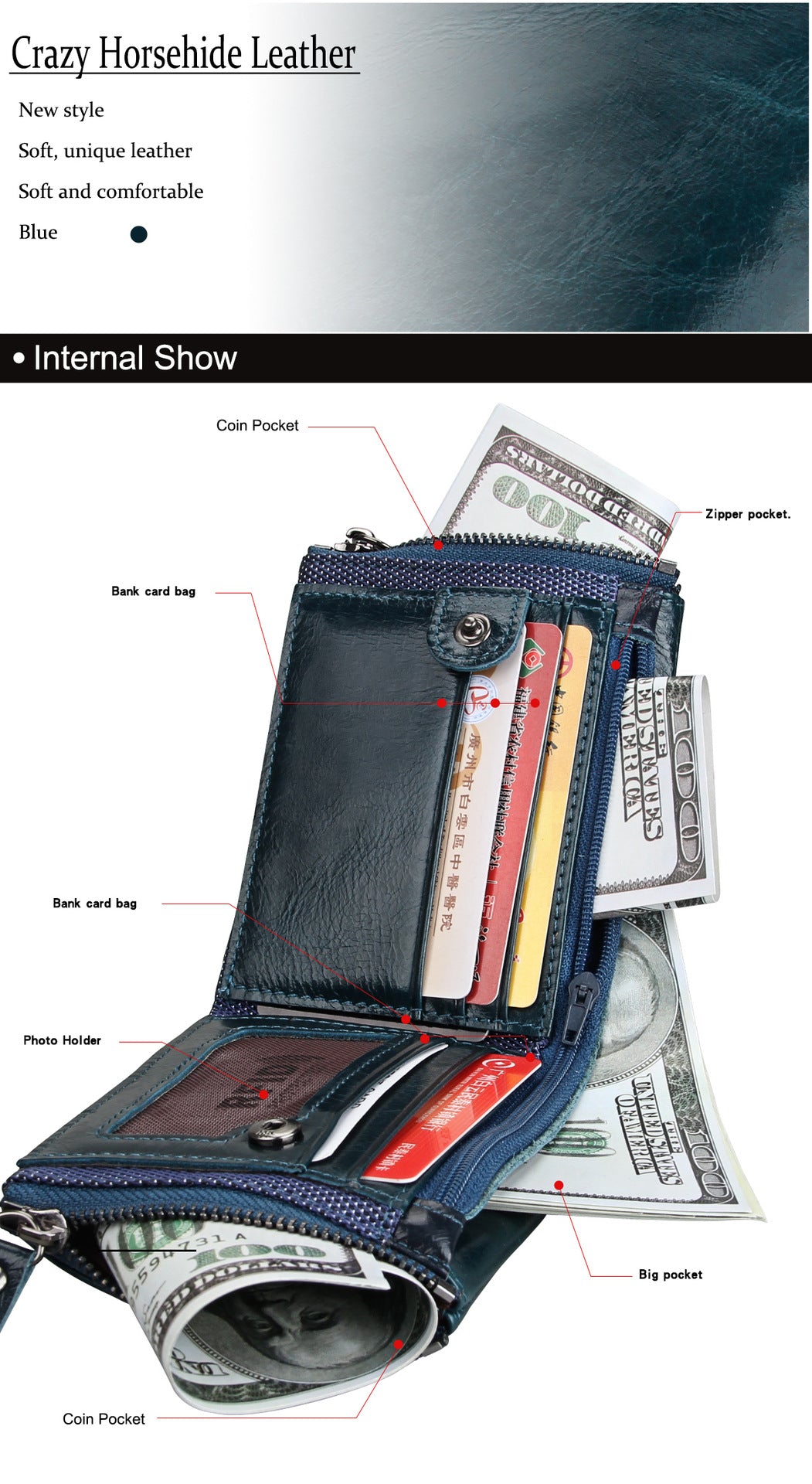 A296  Crazy Horse Leather Men's Wallet RFID-Protected Short-Style Men's Billfold with Dual Zippers and Coin Pocket