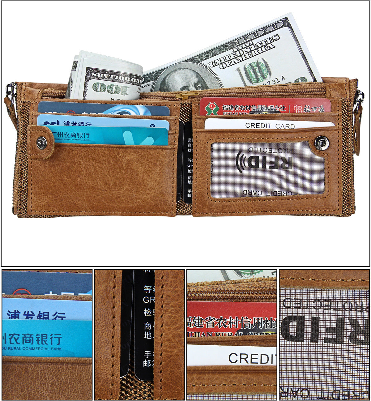 A296  Crazy Horse Leather Men's Wallet RFID-Protected Short-Style Men's Billfold with Dual Zippers and Coin Pocket