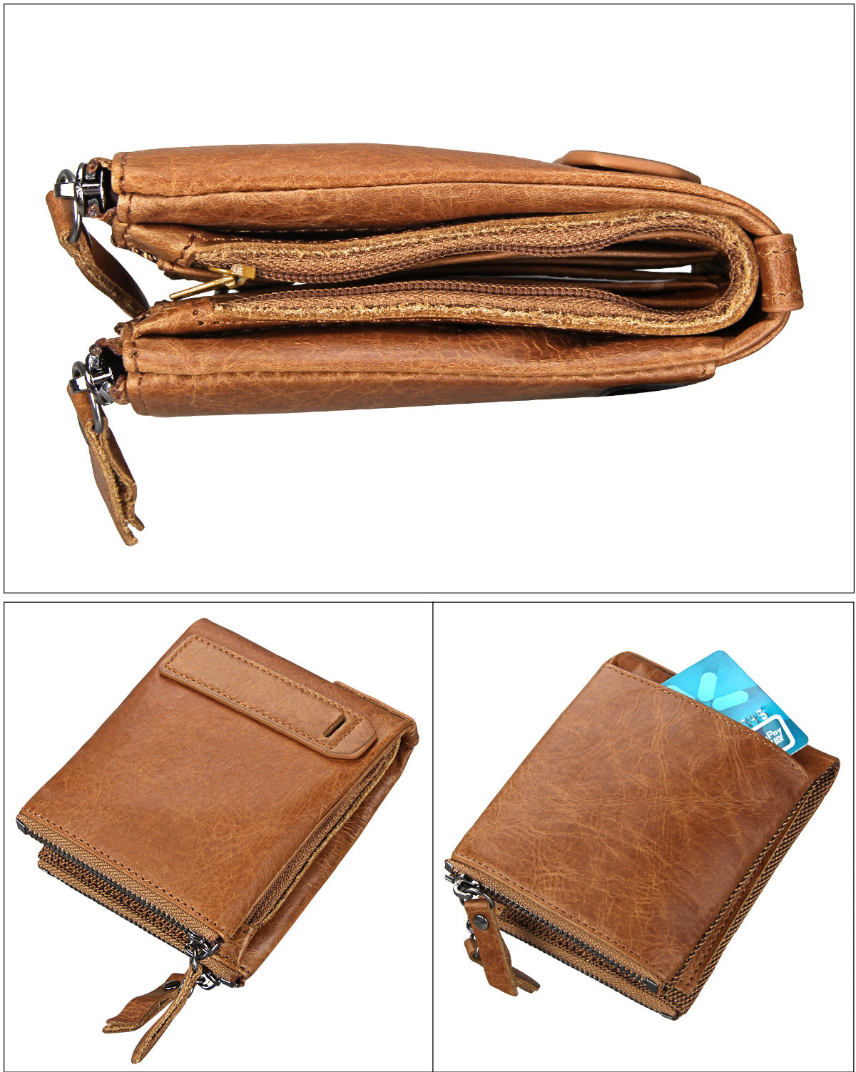 A296  Crazy Horse Leather Men's Wallet RFID-Protected Short-Style Men's Billfold with Dual Zippers and Coin Pocket