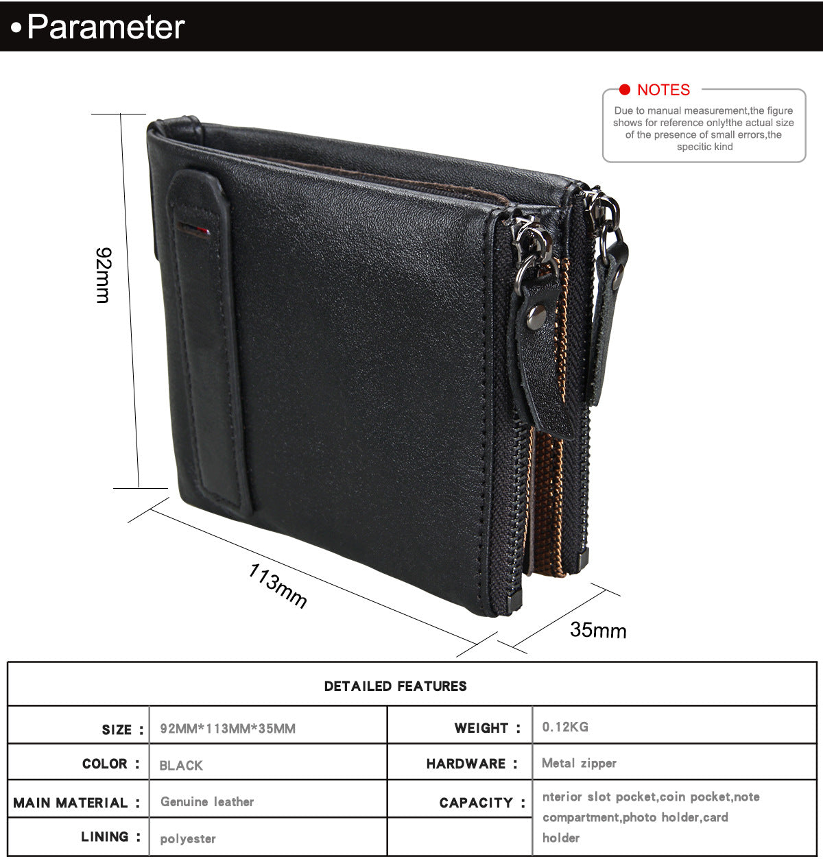 A296  Crazy Horse Leather Men's Wallet RFID-Protected Short-Style Men's Billfold with Dual Zippers and Coin Pocket