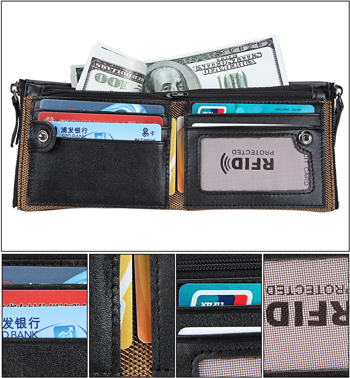 A296  Crazy Horse Leather Men's Wallet RFID-Protected Short-Style Men's Billfold with Dual Zippers and Coin Pocket