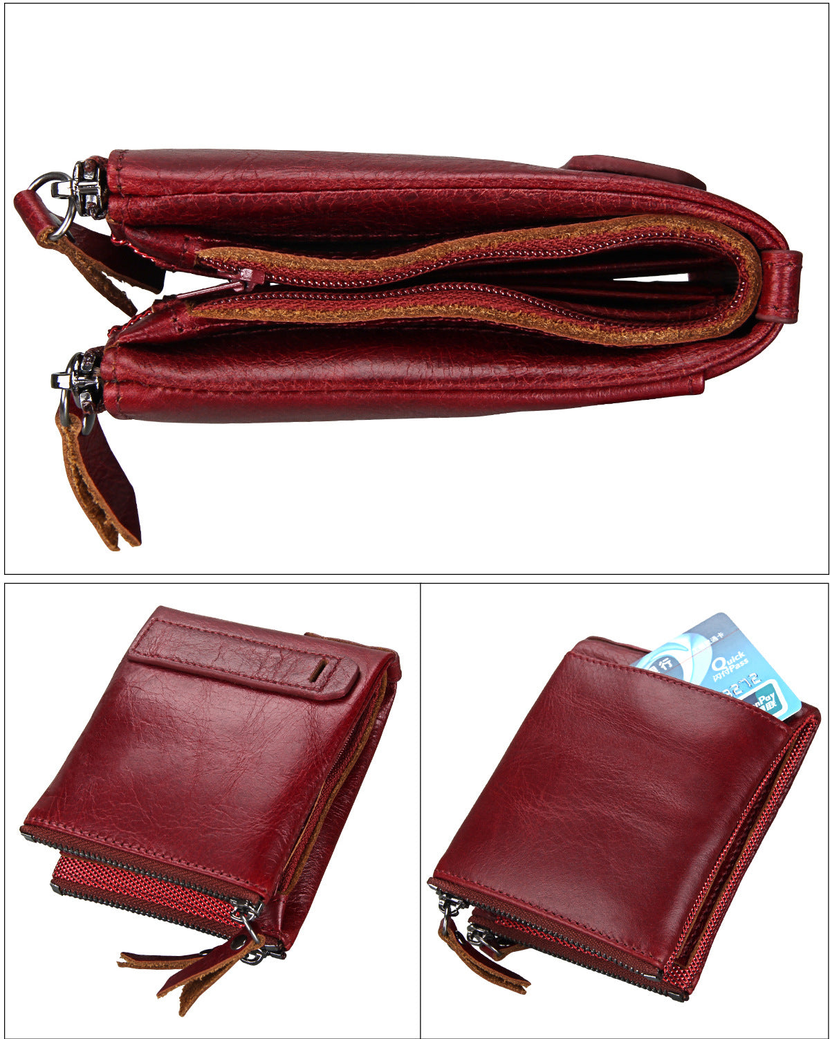 A296  Crazy Horse Leather Men's Wallet RFID-Protected Short-Style Men's Billfold with Dual Zippers and Coin Pocket