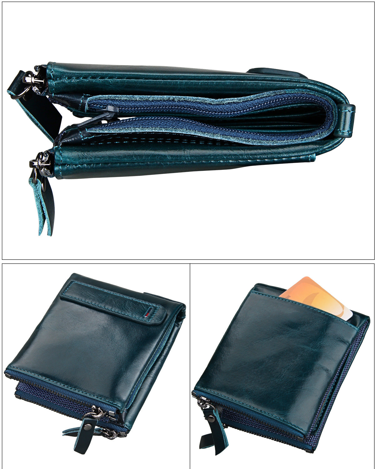 A296  Crazy Horse Leather Men's Wallet RFID-Protected Short-Style Men's Billfold with Dual Zippers and Coin Pocket