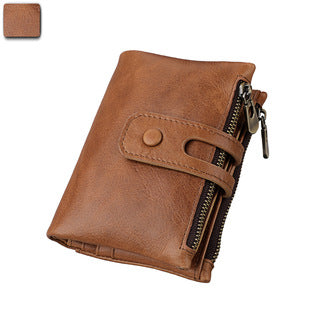 A296  Crazy Horse Leather Men's Wallet RFID-Protected Short-Style Men's Billfold with Dual Zippers and Coin Pocket