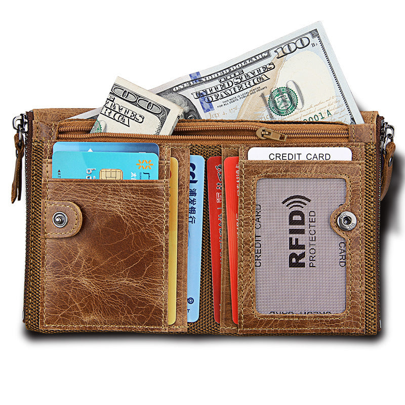 A296  Crazy Horse Leather Men's Wallet RFID-Protected Short-Style Men's Billfold with Dual Zippers and Coin Pocket