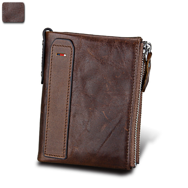 A296  Crazy Horse Leather Men's Wallet RFID-Protected Short-Style Men's Billfold with Dual Zippers and Coin Pocket