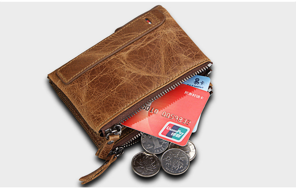 A296  Crazy Horse Leather Men's Wallet RFID-Protected Short-Style Men's Billfold with Dual Zippers and Coin Pocket
