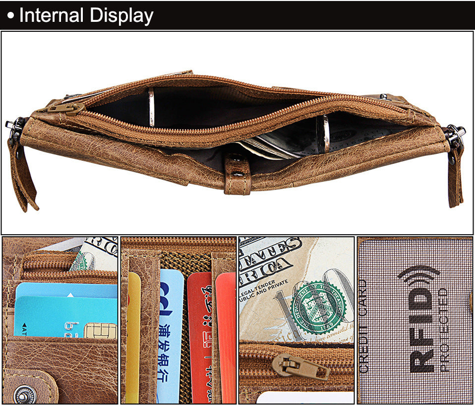 A296  Crazy Horse Leather Men's Wallet RFID-Protected Short-Style Men's Billfold with Dual Zippers and Coin Pocket