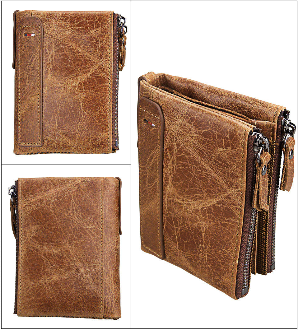 A296  Crazy Horse Leather Men's Wallet RFID-Protected Short-Style Men's Billfold with Dual Zippers and Coin Pocket