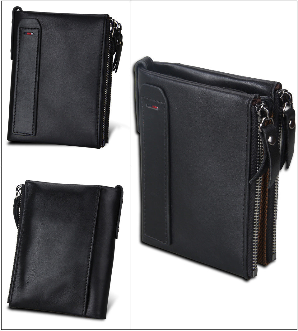 A296  Crazy Horse Leather Men's Wallet RFID-Protected Short-Style Men's Billfold with Dual Zippers and Coin Pocket