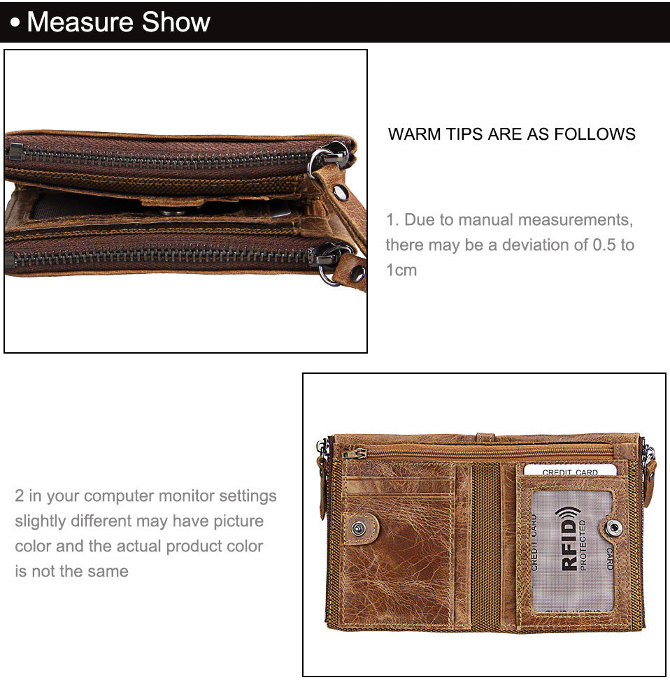 A296  Crazy Horse Leather Men's Wallet RFID-Protected Short-Style Men's Billfold with Dual Zippers and Coin Pocket