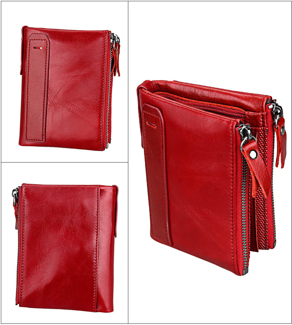 A296  Crazy Horse Leather Men's Wallet RFID-Protected Short-Style Men's Billfold with Dual Zippers and Coin Pocket