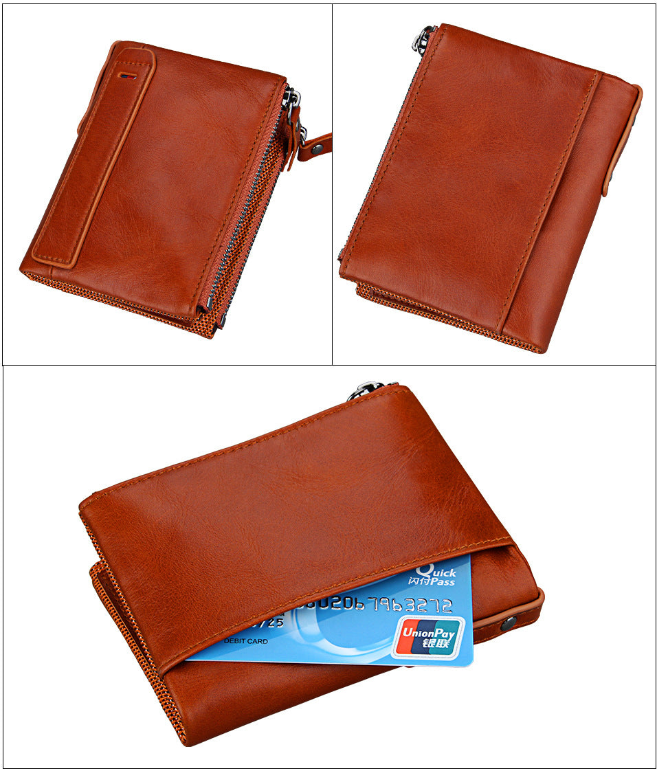 A296  Crazy Horse Leather Men's Wallet RFID-Protected Short-Style Men's Billfold with Dual Zippers and Coin Pocket