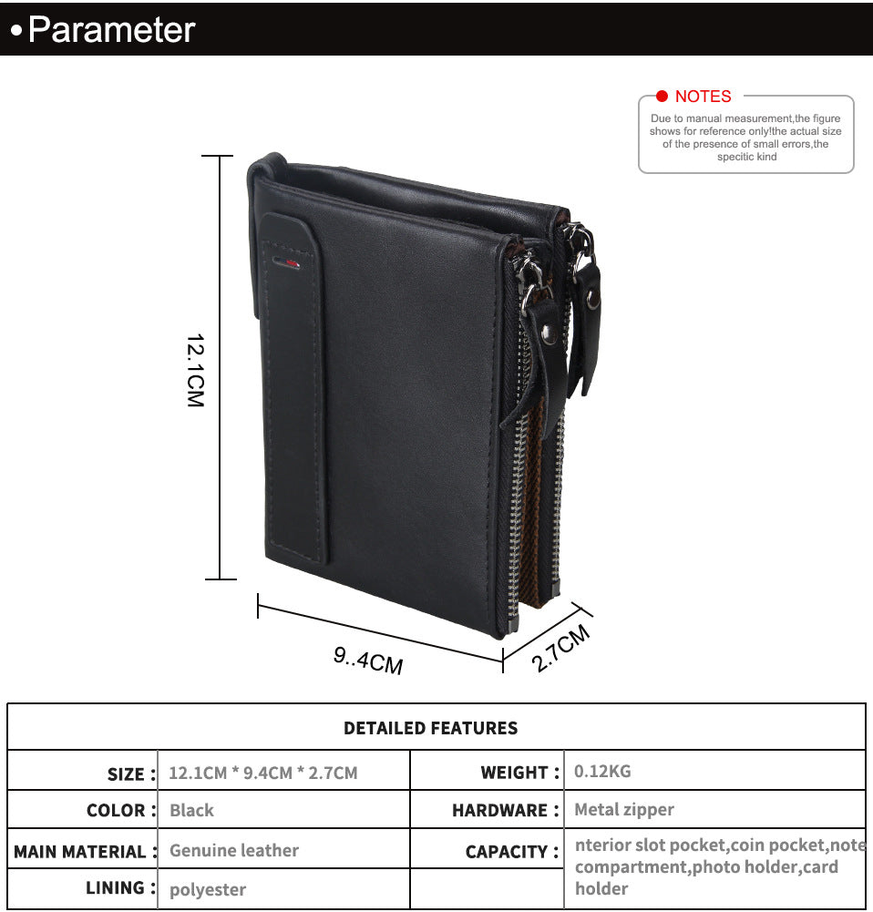A296  Crazy Horse Leather Men's Wallet RFID-Protected Short-Style Men's Billfold with Dual Zippers and Coin Pocket