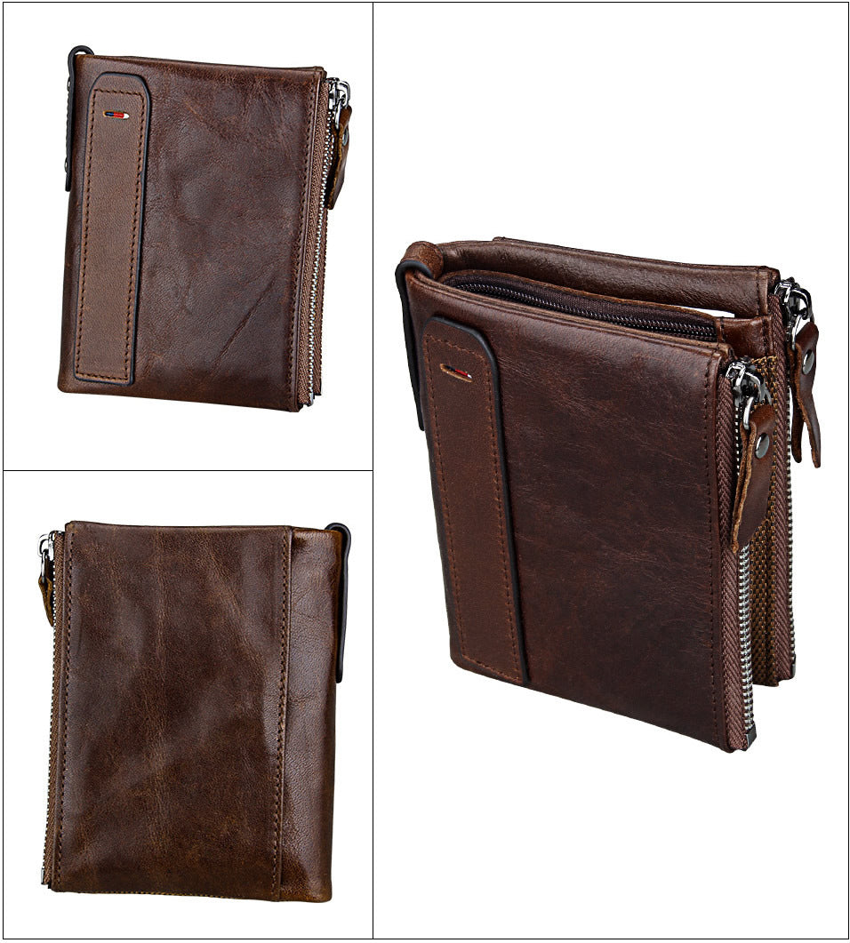 A296  Crazy Horse Leather Men's Wallet RFID-Protected Short-Style Men's Billfold with Dual Zippers and Coin Pocket