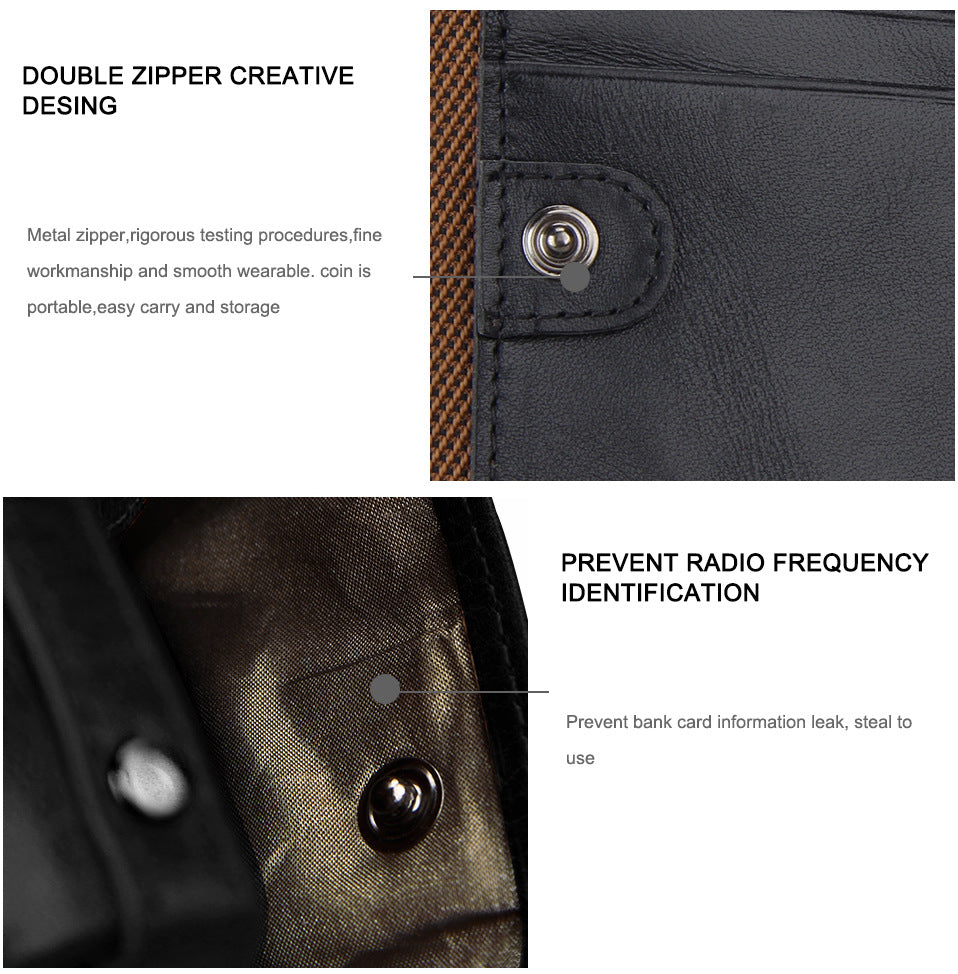 A296  Crazy Horse Leather Men's Wallet RFID-Protected Short-Style Men's Billfold with Dual Zippers and Coin Pocket