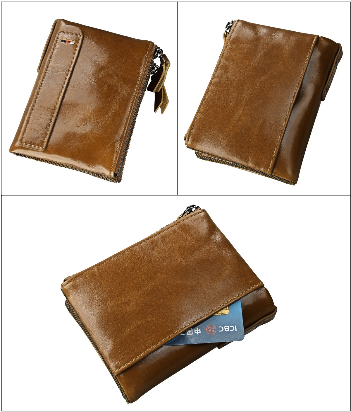 A296  Crazy Horse Leather Men's Wallet RFID-Protected Short-Style Men's Billfold with Dual Zippers and Coin Pocket