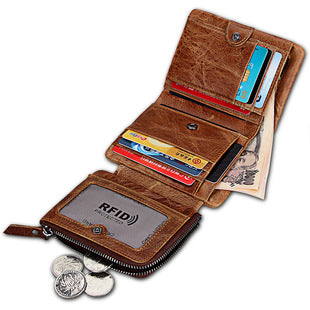 A296  Crazy Horse Leather Men's Wallet RFID-Protected Short-Style Men's Billfold with Dual Zippers and Coin Pocket