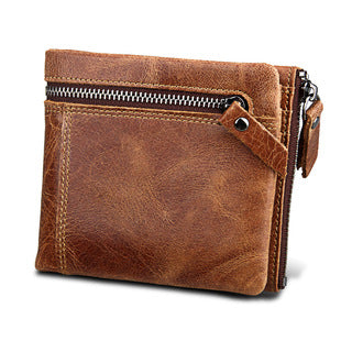 A296  Crazy Horse Leather Men's Wallet RFID-Protected Short-Style Men's Billfold with Dual Zippers and Coin Pocket