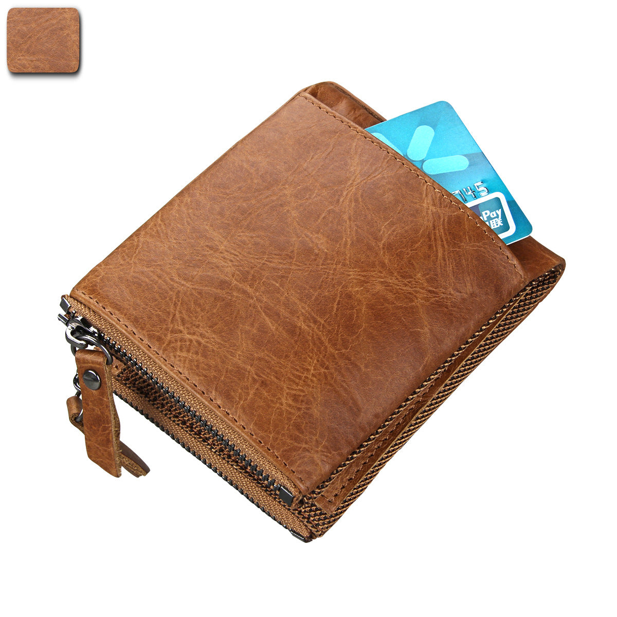 A296  Crazy Horse Leather Men's Wallet RFID-Protected Short-Style Men's Billfold with Dual Zippers and Coin Pocket