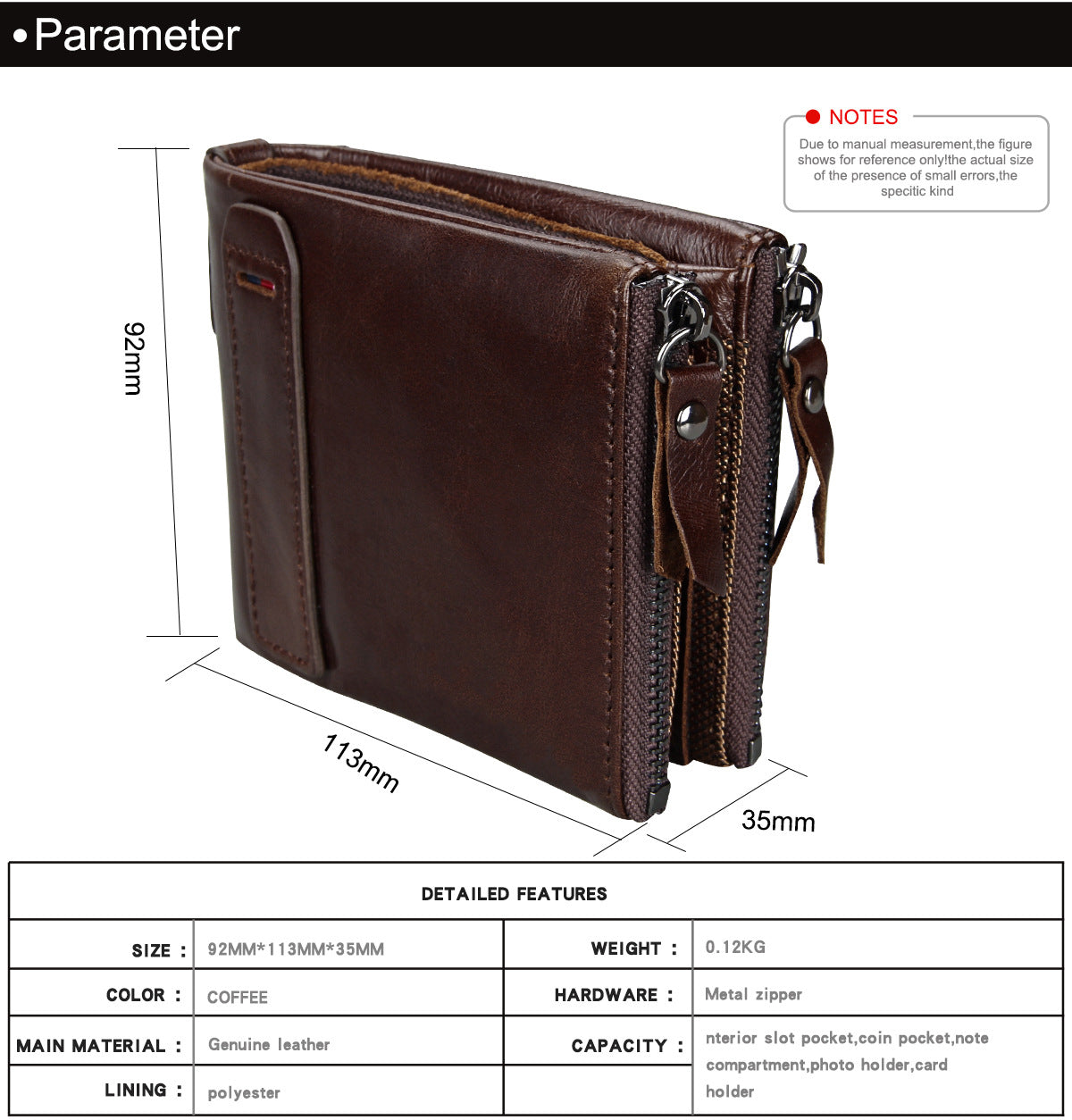 A296  Crazy Horse Leather Men's Wallet RFID-Protected Short-Style Men's Billfold with Dual Zippers and Coin Pocket