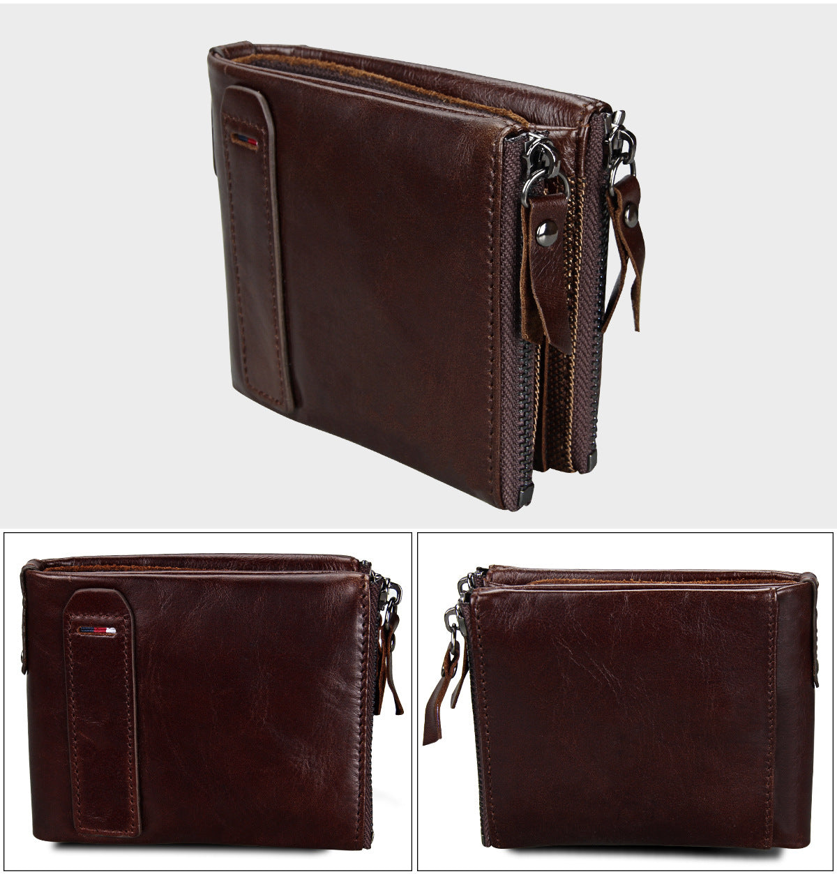 A296  Crazy Horse Leather Men's Wallet RFID-Protected Short-Style Men's Billfold with Dual Zippers and Coin Pocket