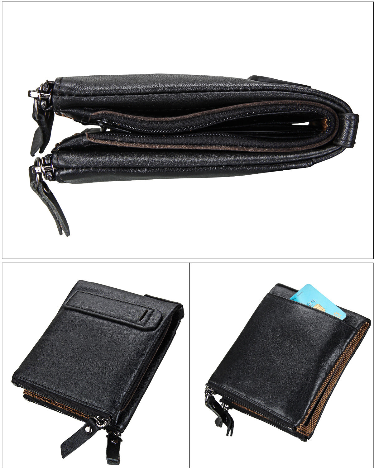 A296  Crazy Horse Leather Men's Wallet RFID-Protected Short-Style Men's Billfold with Dual Zippers and Coin Pocket