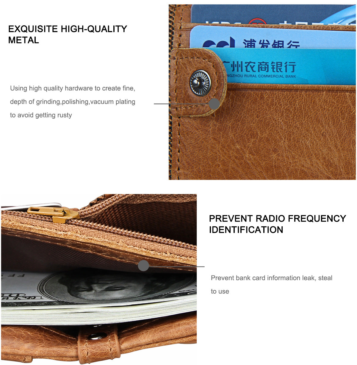 A296  Crazy Horse Leather Men's Wallet RFID-Protected Short-Style Men's Billfold with Dual Zippers and Coin Pocket