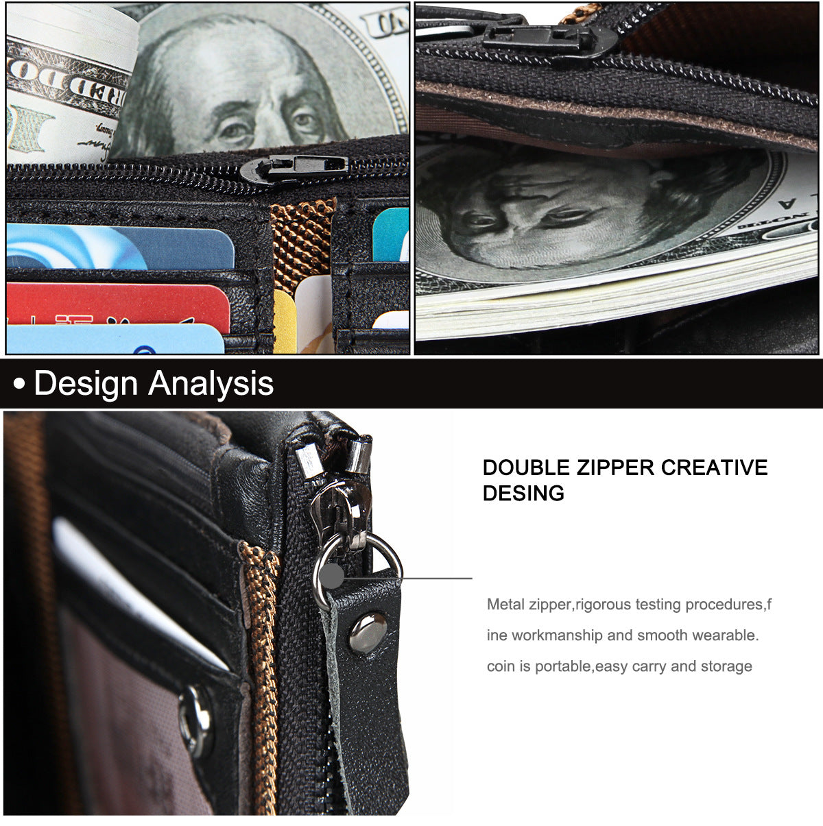 A296  Crazy Horse Leather Men's Wallet RFID-Protected Short-Style Men's Billfold with Dual Zippers and Coin Pocket