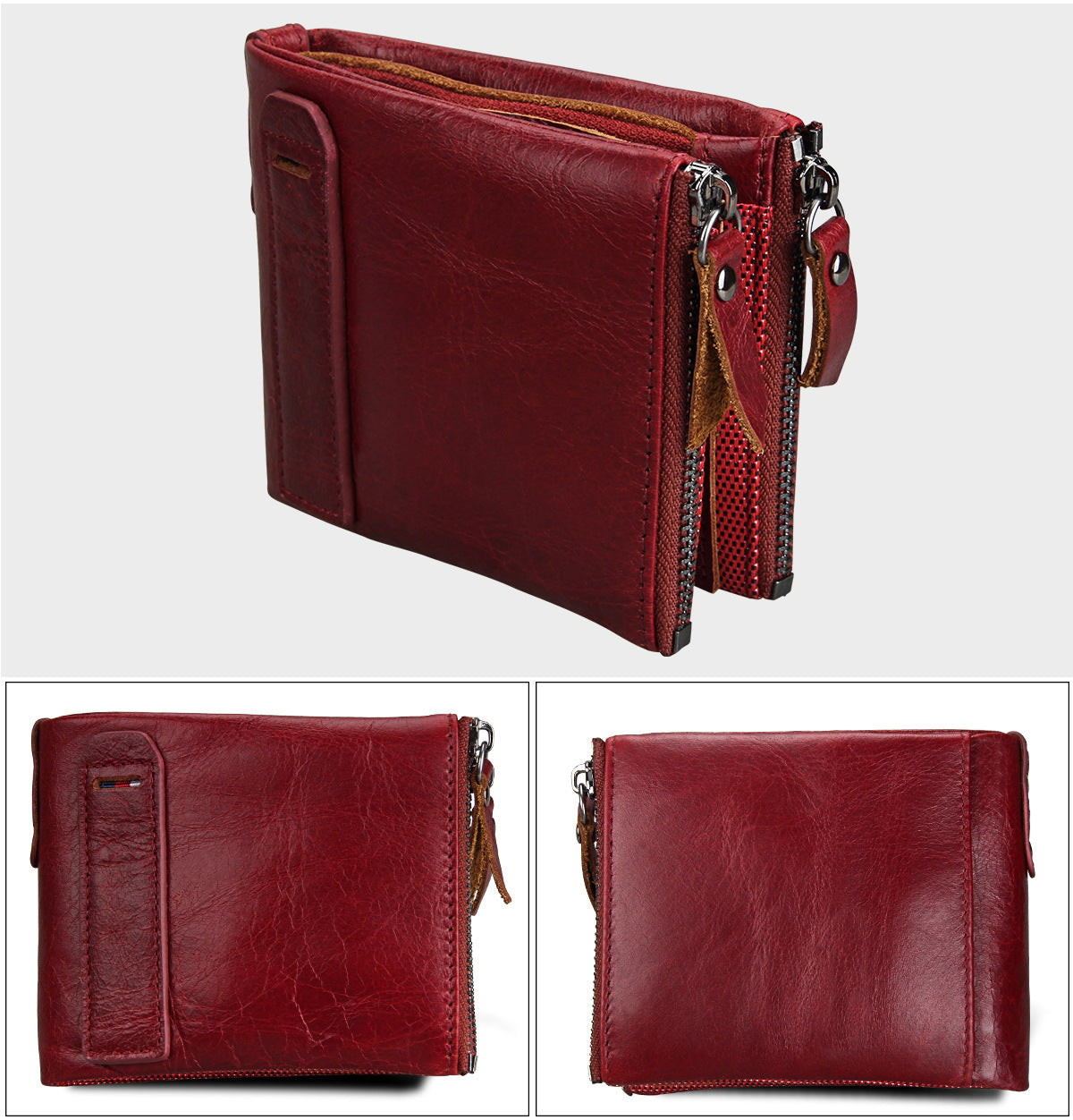 A296  Crazy Horse Leather Men's Wallet RFID-Protected Short-Style Men's Billfold with Dual Zippers and Coin Pocket