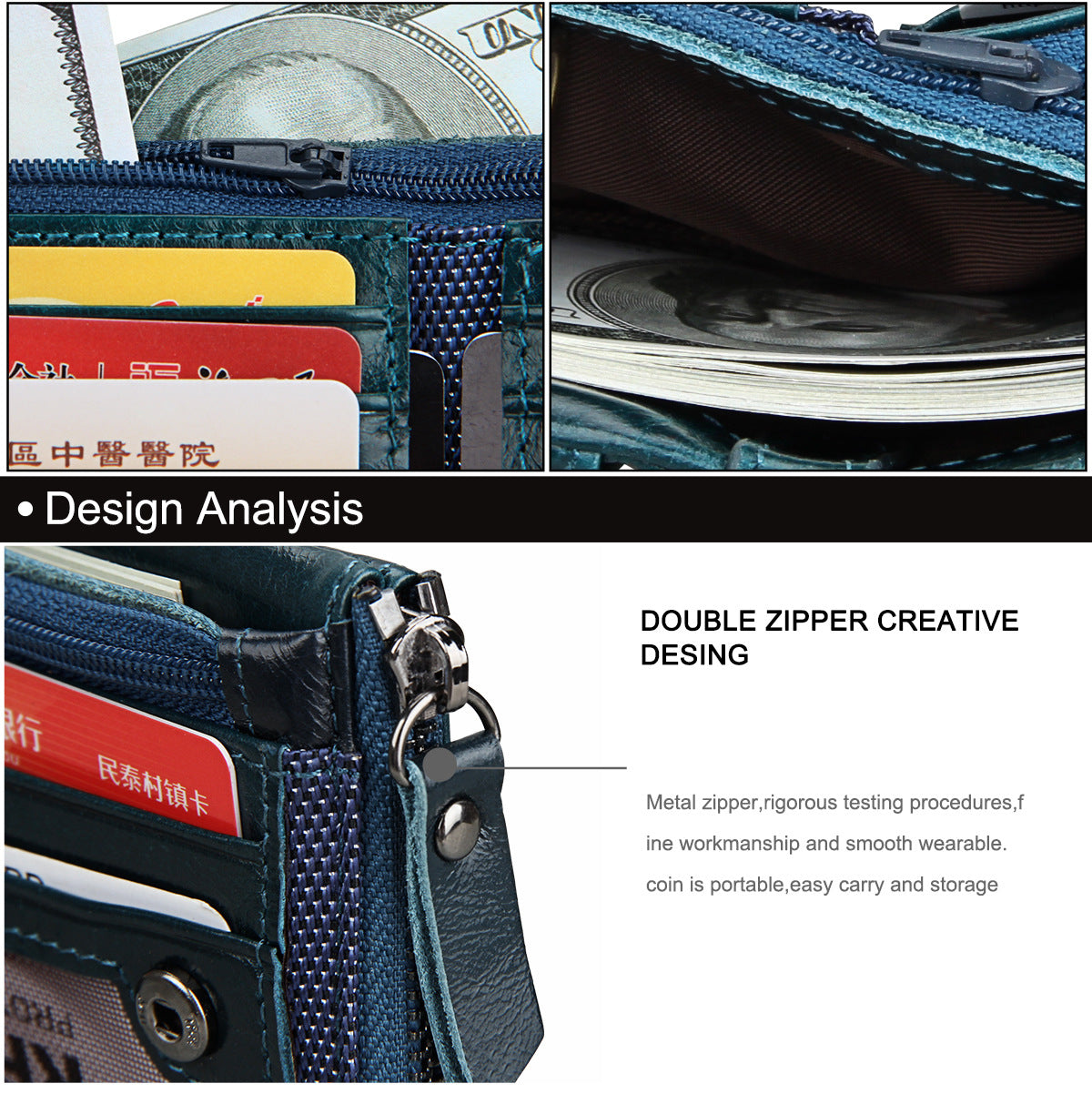 A296  Crazy Horse Leather Men's Wallet RFID-Protected Short-Style Men's Billfold with Dual Zippers and Coin Pocket