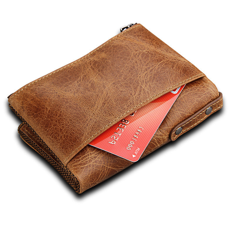 A296  Crazy Horse Leather Men's Wallet RFID-Protected Short-Style Men's Billfold with Dual Zippers and Coin Pocket
