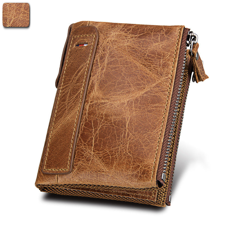 A296  Crazy Horse Leather Men's Wallet RFID-Protected Short-Style Men's Billfold with Dual Zippers and Coin Pocket