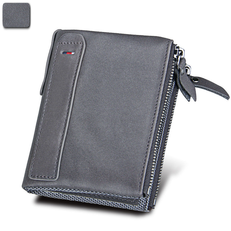 A296  Crazy Horse Leather Men's Wallet RFID-Protected Short-Style Men's Billfold with Dual Zippers and Coin Pocket