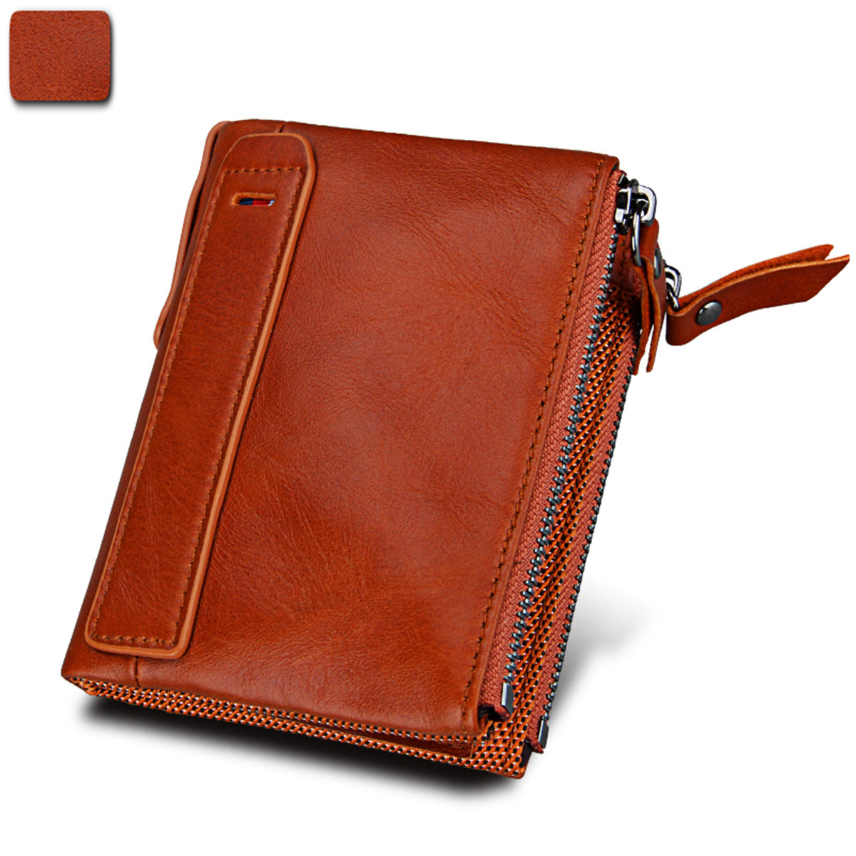 A296  Crazy Horse Leather Men's Wallet RFID-Protected Short-Style Men's Billfold with Dual Zippers and Coin Pocket