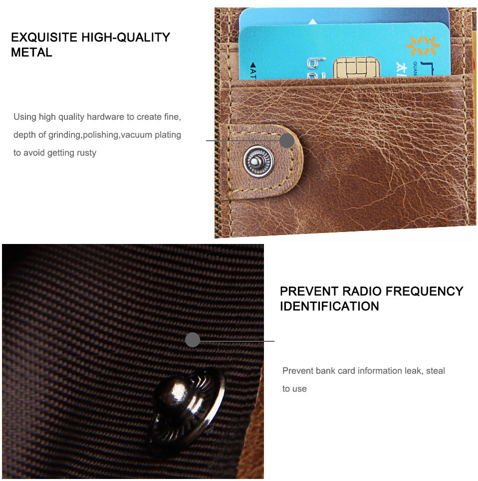 A296  Crazy Horse Leather Men's Wallet RFID-Protected Short-Style Men's Billfold with Dual Zippers and Coin Pocket