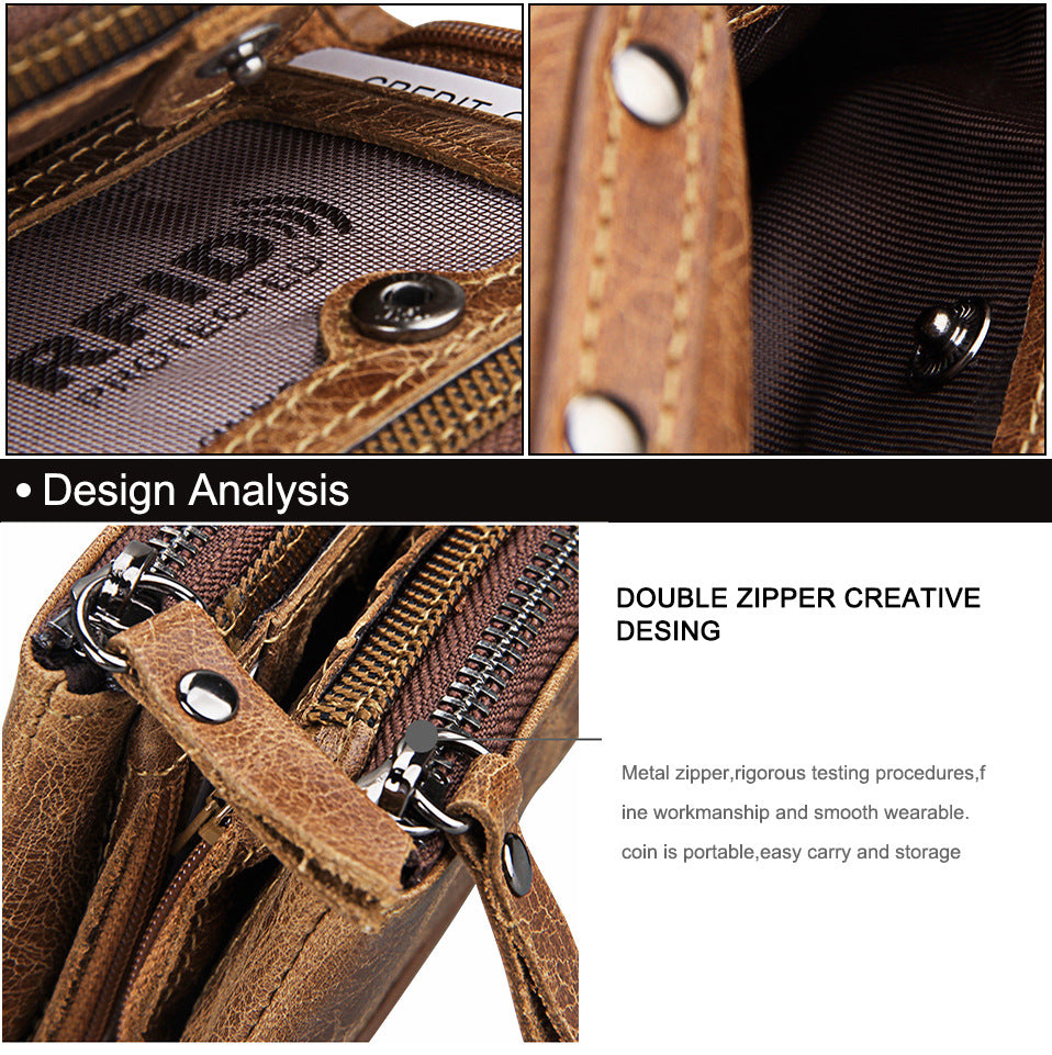 A296  Crazy Horse Leather Men's Wallet RFID-Protected Short-Style Men's Billfold with Dual Zippers and Coin Pocket