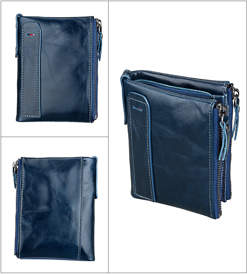 A296  Crazy Horse Leather Men's Wallet RFID-Protected Short-Style Men's Billfold with Dual Zippers and Coin Pocket